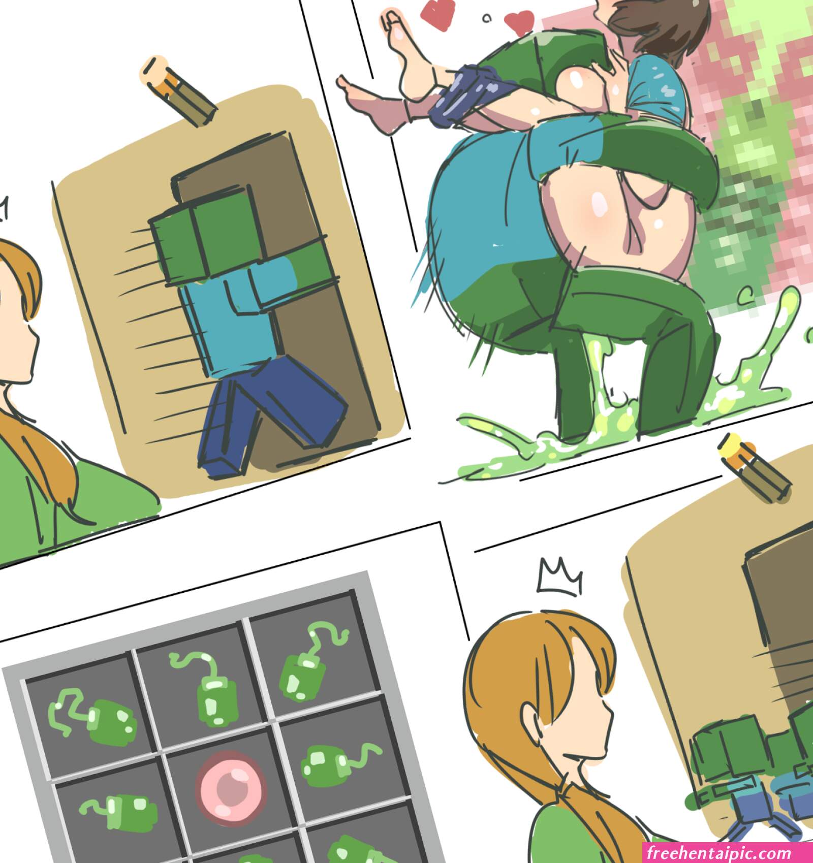 kanden-ki alex minecraft steve minecraft zombie minecraft minecraft highres 1boy 2girls bottomless breasts brown hair censored clothed sex clothes cum cum in pussy excessive cum genderswap genderswap mtf huge breasts...