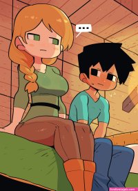 rariatto ganguri alex minecraft steve minecraft minecraft absurdres highres 1boy 1girl bed black hair blush boots braid flying sweatdrops looking at another orange hair side ponytail sitting sweatdrop v-neck