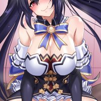 nyamota noire neptunia neptune series highres tagme 1girl bare shoulders black hair blush breasts censored clothed female nude male clothed sex cowgirl position cum cum in pussy dark-skinned male dark skin hetero