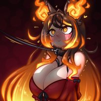 limebreaker sinder vtuber indie virtual youtuber absurdres highres 1girl :gt bdsm black hair blush breasts cleavage collar fire heart heart-shaped pupils large breasts leash long hair looking at penis multicolored hair orange