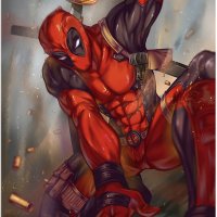 SFW full color sexy hentai comics parody art of Marvels X-men Deadpool with his legs spread wide in fan service illustration.