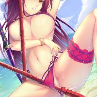 Wallpaper : Fate Grand Order Lancer Fate Grand Order bikini red eyes hentai beach wet body underboob huge breasts Scathach Fate Grand Order 1753x2604
