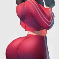 postblue98 ruby fortnite fortnite highres 1girl ass baseball cap brown hair cellphone face mask fingerless gloves gloves green eyes hat heart huge ass jacket looking back mask midriff pants phone solo track