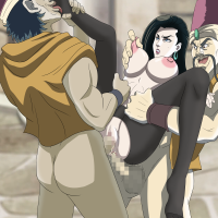 jfbz lisa lisa loggins jojo messina jojo jojo no kimyou na bouken absurdres highres 1girl 2boys anal angry anus ass black hair blue eyes bottomless breasts censored clenched teeth clothed sex cum
