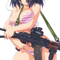 dd ijigendd original untied bad id bad pixiv id 1girl airsoft aks-74u assault rifle bikini black hair breasts cleavage female focus gun gun sling head out of frame holding holding gun holding
