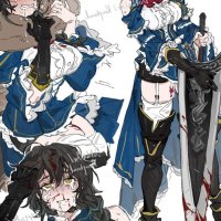 lenereco aradia night of revenge night of revenge absurdres highres 1girl bare shoulders black hair black shorts blood blood in hair braid breasts chibi cleavage cowboy shot dark-skinned male dark skin full