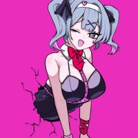 hatsune miku pure pure rabbit hole rabbit hole vocaloid vocaloid highres 1girl one eye closed pink background playboy bunny solo stuck through wall