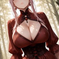 CHIKAS LOW-CUT RED DRESS: MEDIEVAL FOREST VIEW AI Generated