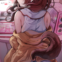 sak lemondisk inugami korone inugami korone 1st costume hololive absurdres commentary highres symbol-only commentary 1girl animal ears ass bare shoulders black panties bone hair ornament brown eyes brown hair closed mouth computer